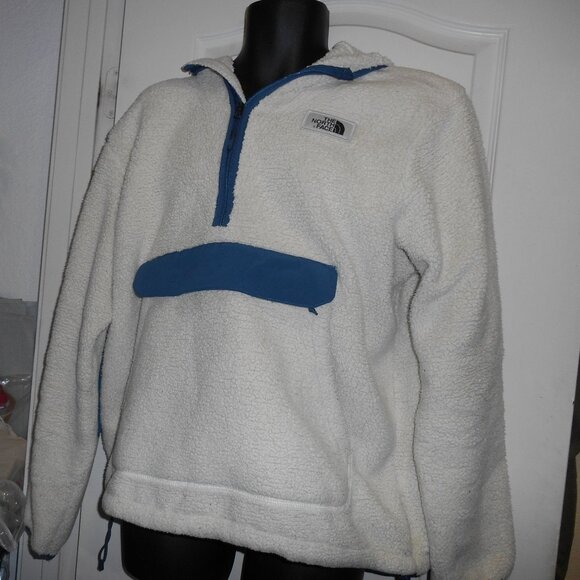 THE NORTH FACE SHERPA ZIPPER POCKET HOODIE PULLOVER JACKET BEIGE BLUE MENS XL - Picture 2 of 12